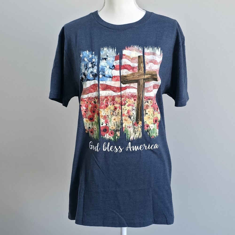 Love in Faith | God Bless America Tee with Flag Cross Design